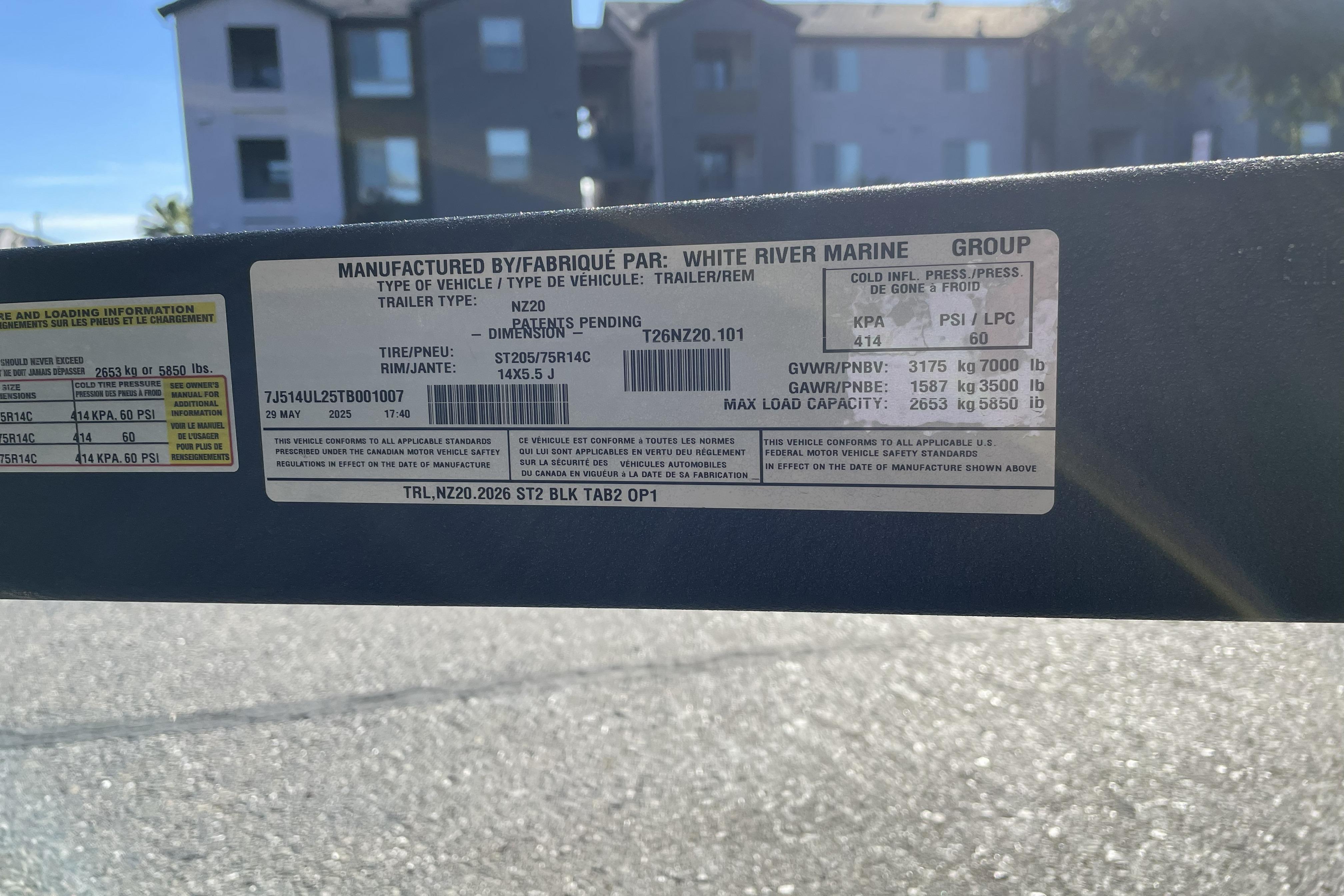 Label on a 2026 Nitro Z20 XL trailer, detailing specifications and manufacturing information.