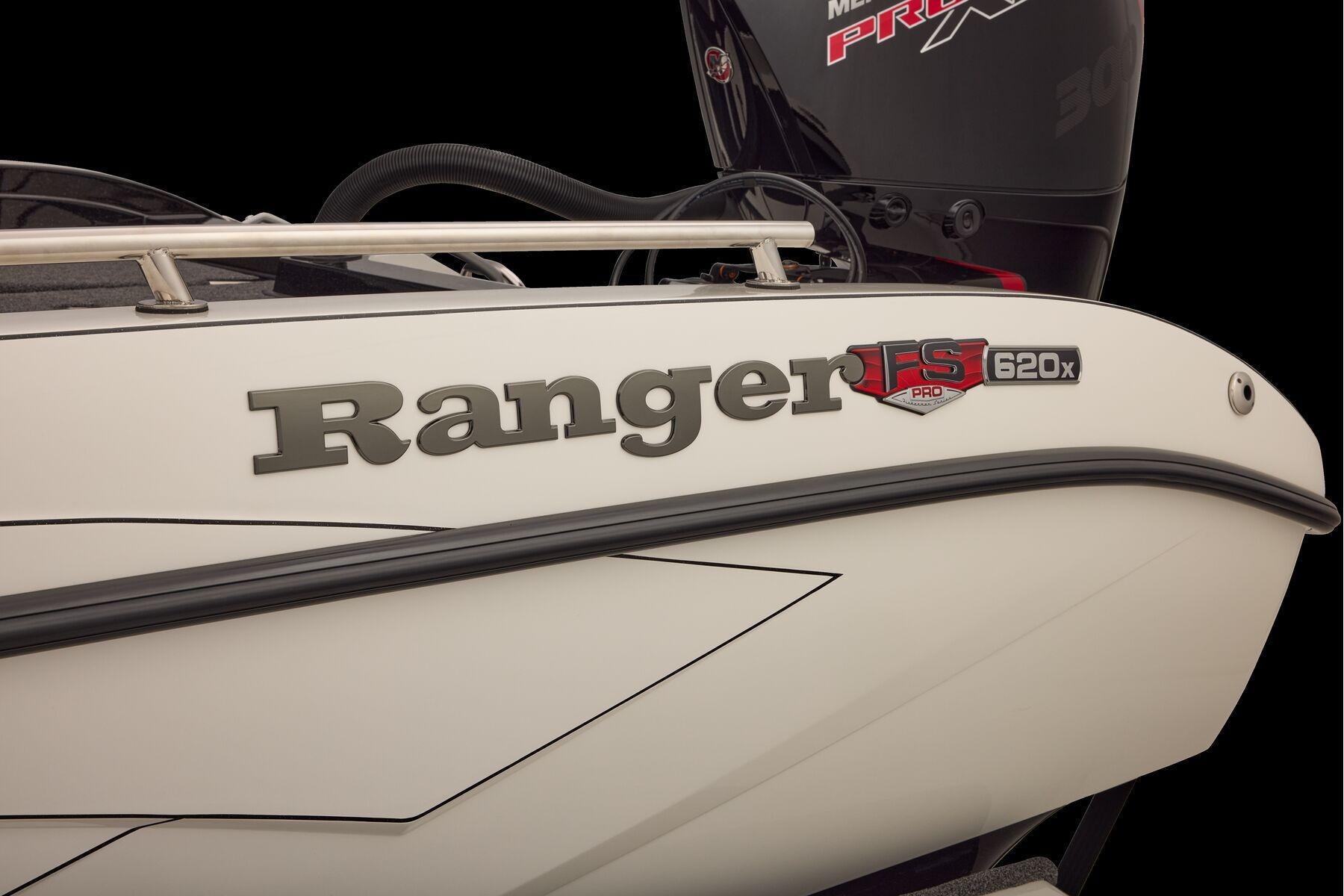 Manufacturer Provided Image: 2026 Ranger 620xFS Pro boat, close-up of logo and design details.