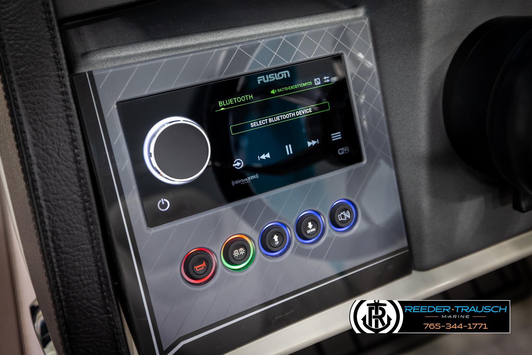 2025 Avalon 2585 Excal VRBW control panel with Bluetooth connectivity and media controls.