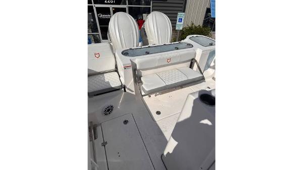 2025 Sea Fox 328 Commander boat interior with seating and storage.