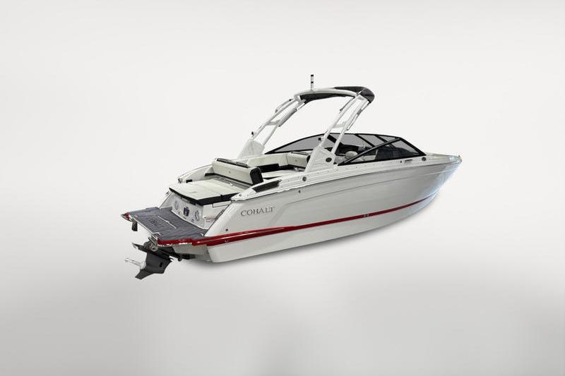 2025 Cobalt R6 boat with sleek design, white exterior, and red accent stripe.