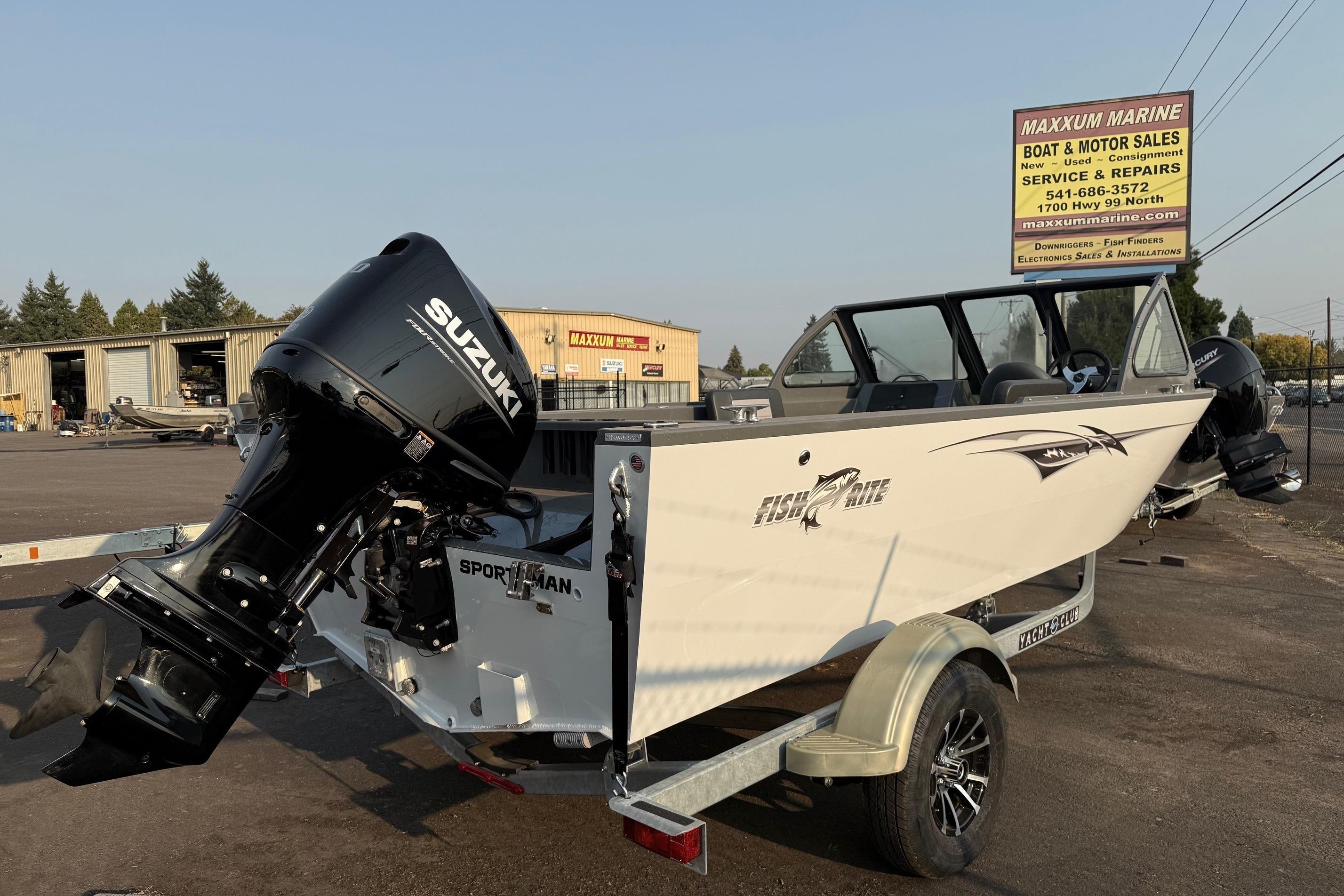 2026 Fish Rite Sportsman 20 boat with Suzuki outboard at Maxxum Marine dealership.