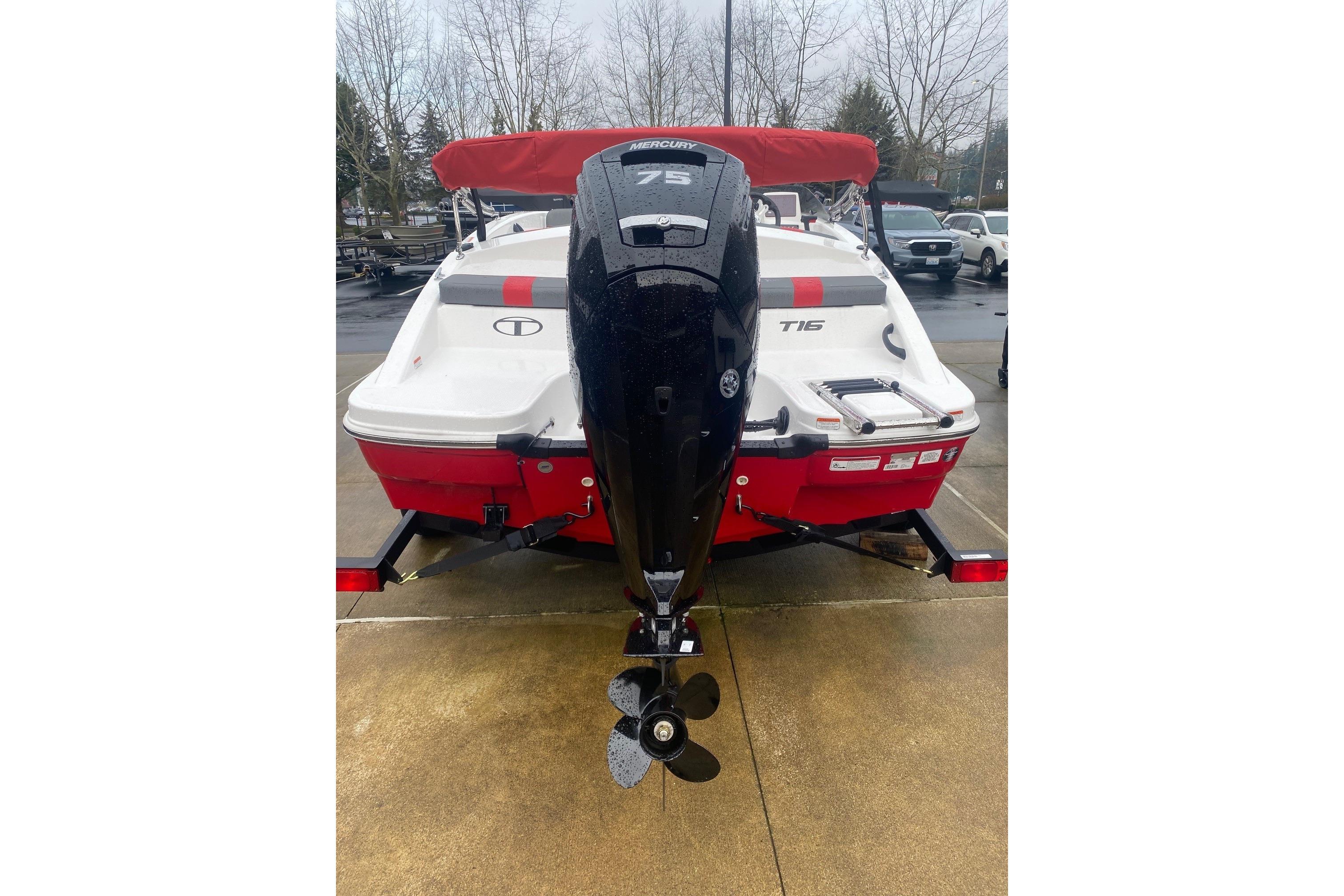 2026 Tahoe T16 boat with red and white design, featuring a Mercury 75 outboard motor.