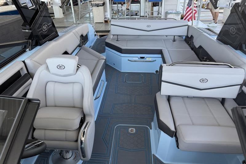 2026 Cobalt R8 Surf boat interior with luxurious seating and modern design.
