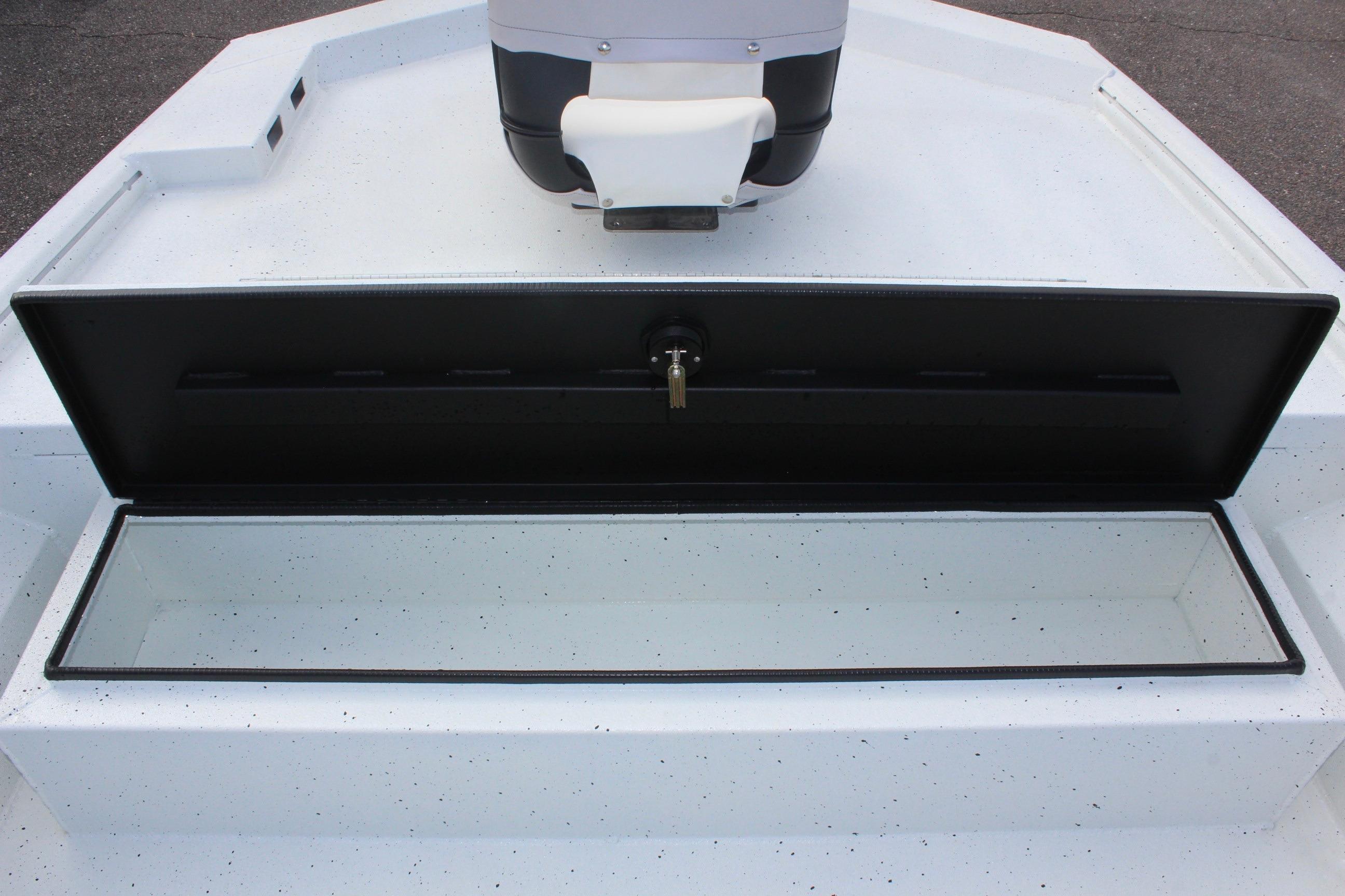 Open storage compartment on 2025 Excel 2172 Stalker CC boat deck.