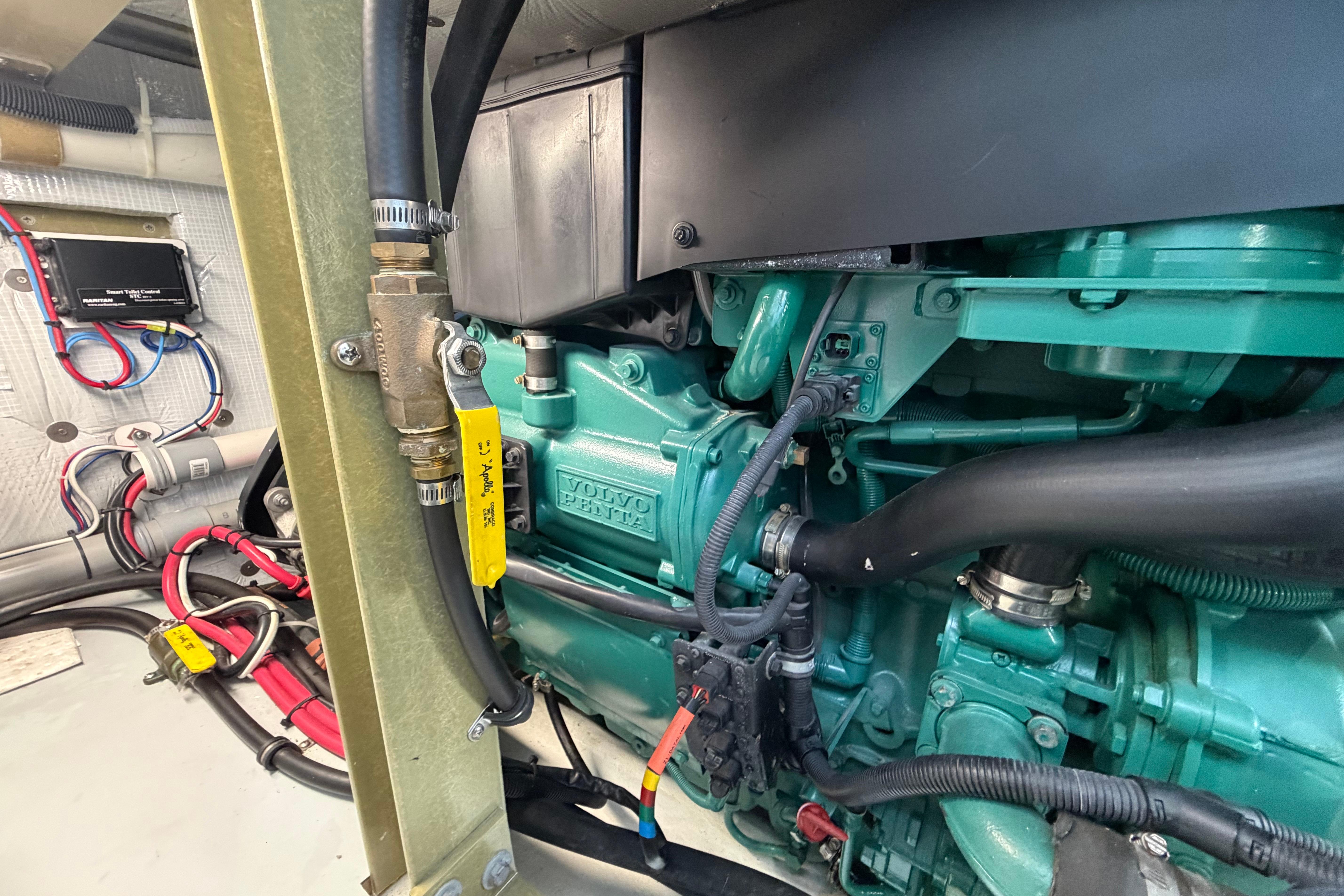 Engine room of 2018 H&H Marine Osmond Beal boat with Volvo Penta engine.
