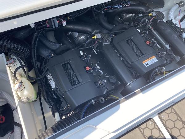 2021 Scarab 255 Open ID engine compartment with dual Rotax engines.