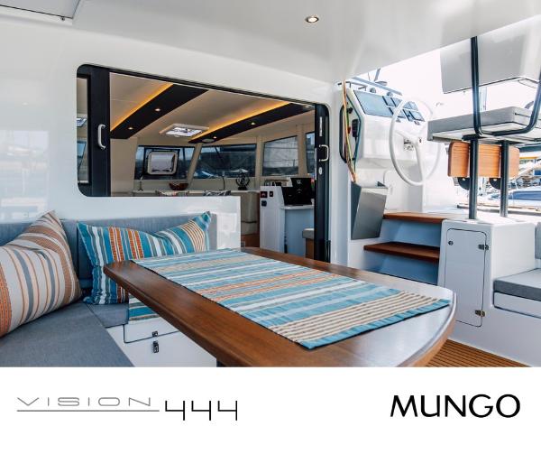 Interior of Vision 444 yacht, featuring modern design and comfortable seating, 2026 model.