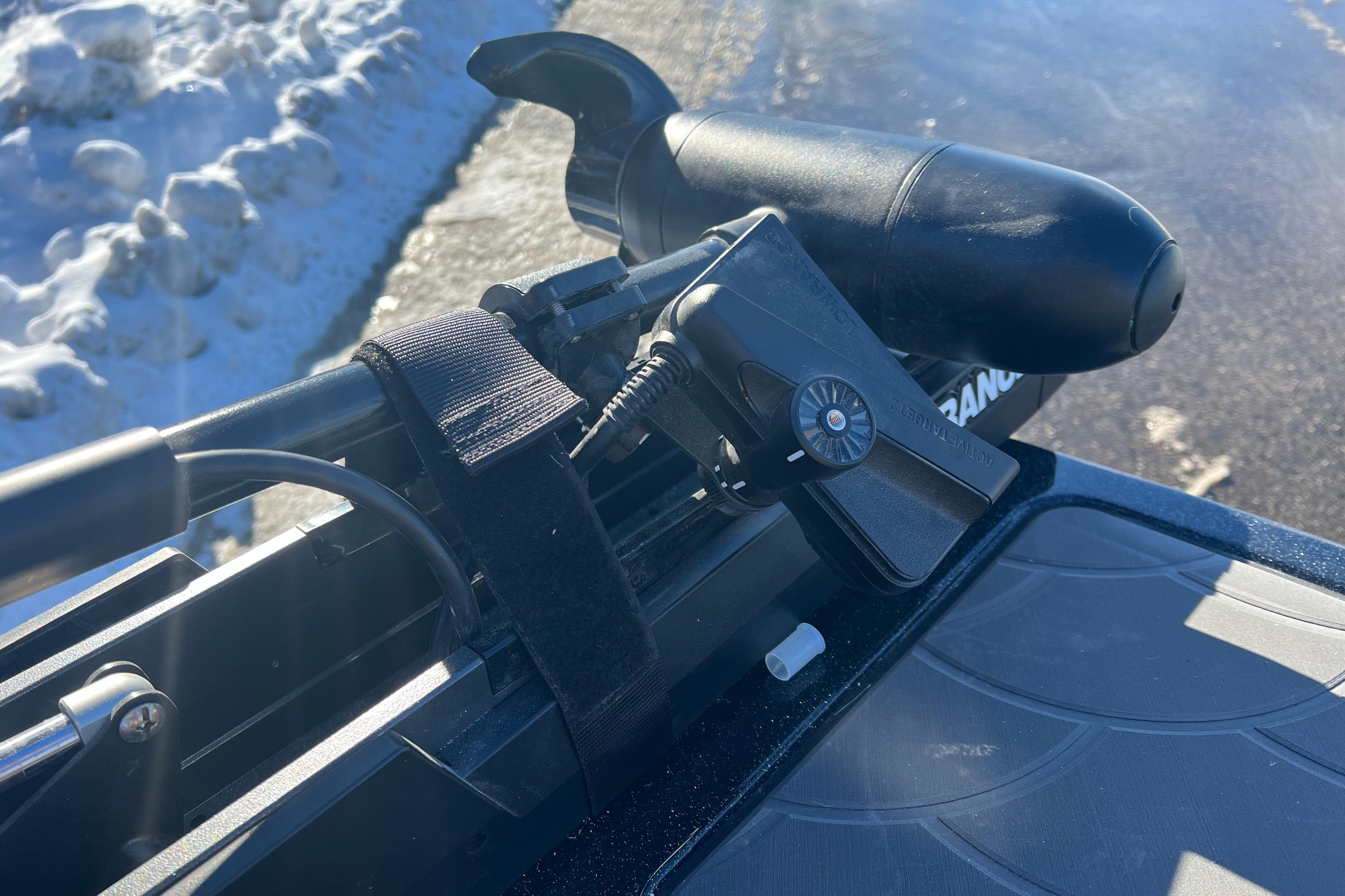 Close-up of Nitro ZV20 2026 boat equipment on a snowy day.