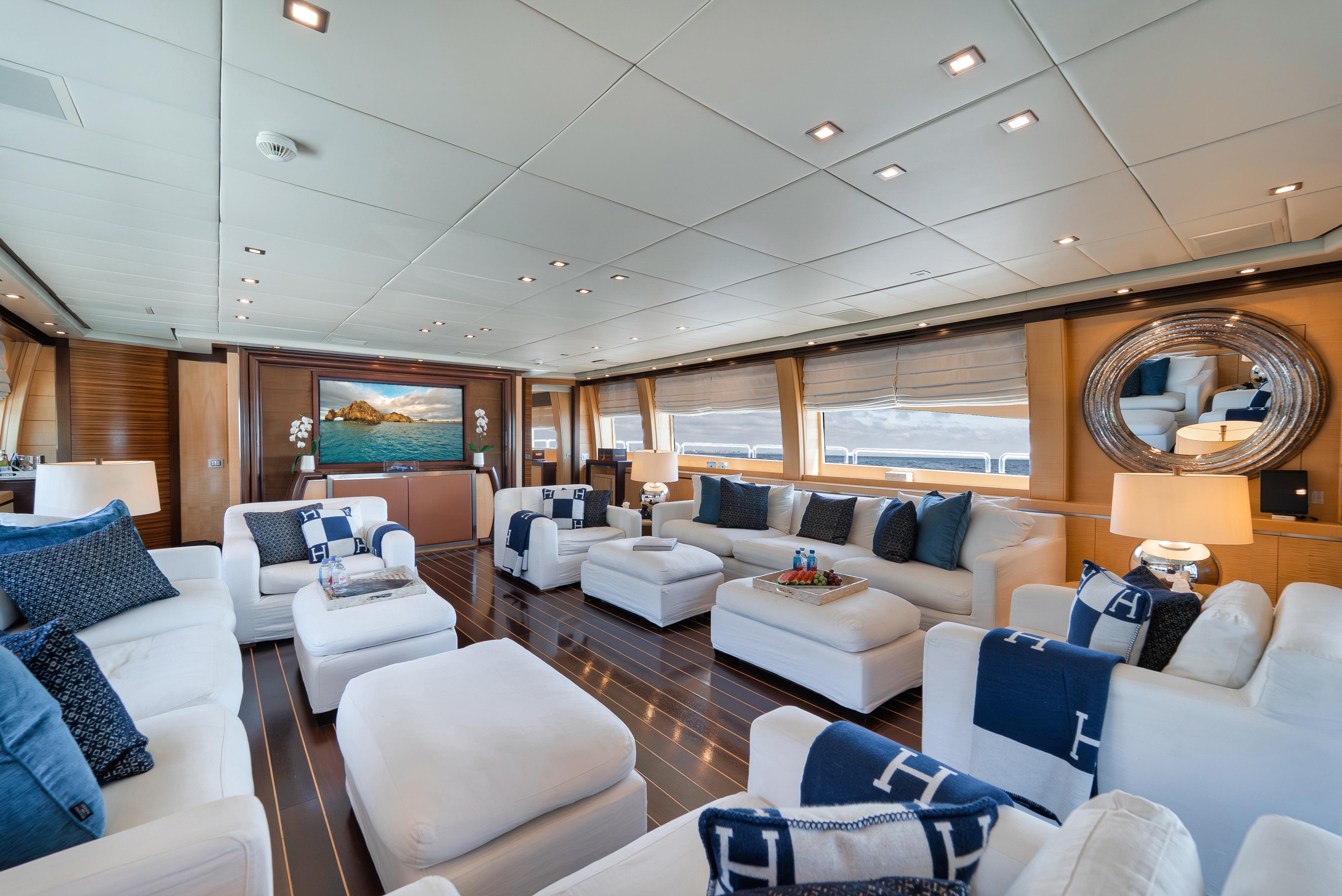 Luxurious interior of 2010 Arno Leopard 46 yacht with elegant seating and decor.
