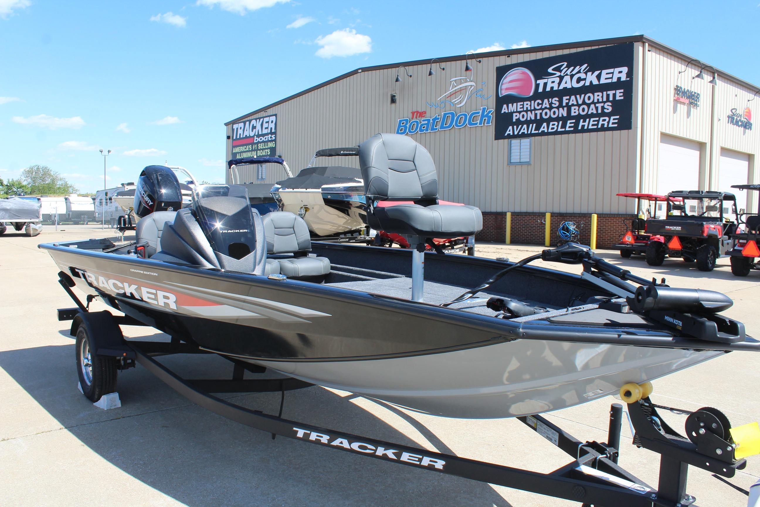 2026 Tracker Pro Team 175 Crappie Edition boat displayed at dealership.