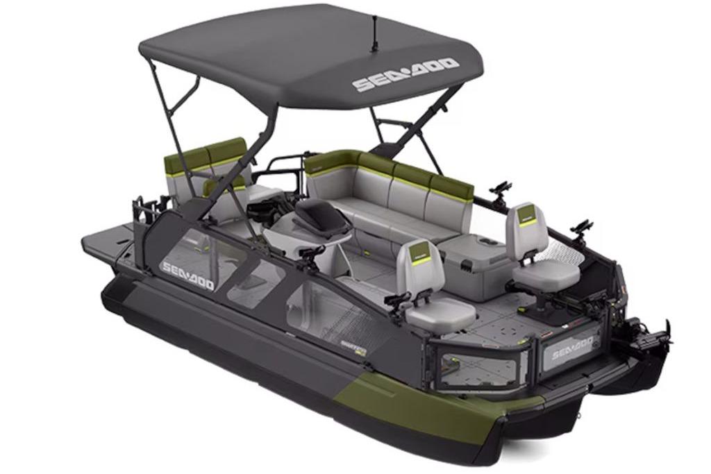 2026 Sea-Doo Switch Fish 18 pontoon boat with canopy and seating for fishing.