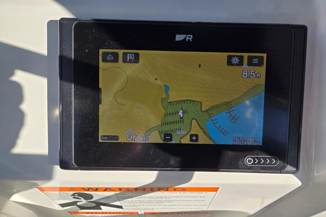 Navigation display on 2023 Beneteau Oceanis 38.1 sailboat, showing map and depth.