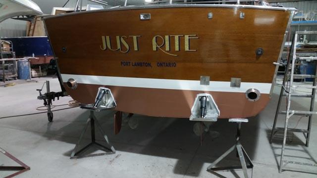 1967 Chris-Craft Sea Skiff 32 Sport Cruiser, "Just Rite," in a workshop, Port Lambton, Ontario.