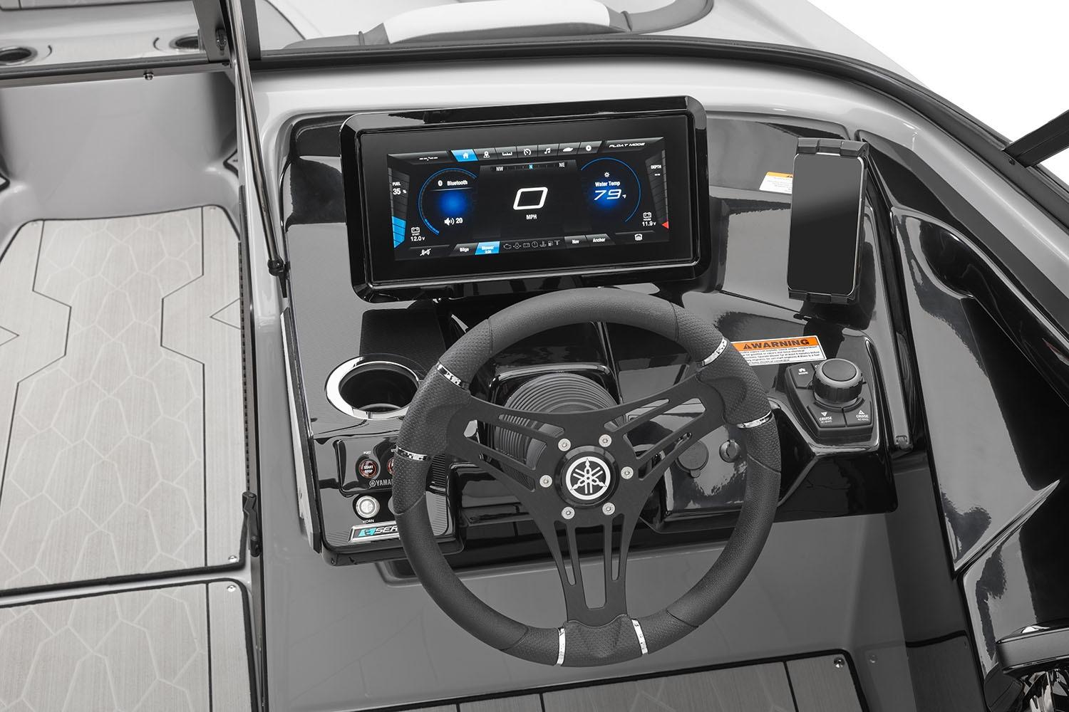 Manufacturer Provided Image: 2026 Yamaha Boats 252XE dashboard with steering wheel and digital display.