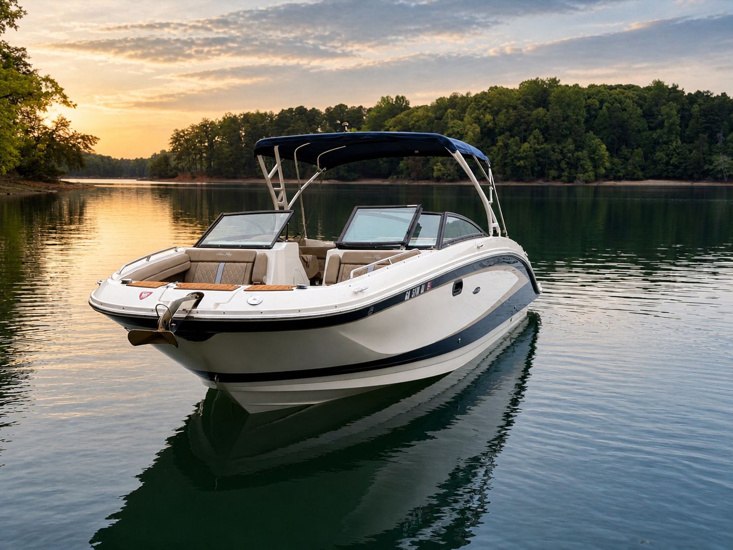 2016 Sea Ray 290 Sundeck on a tranquil lake at sunset.
