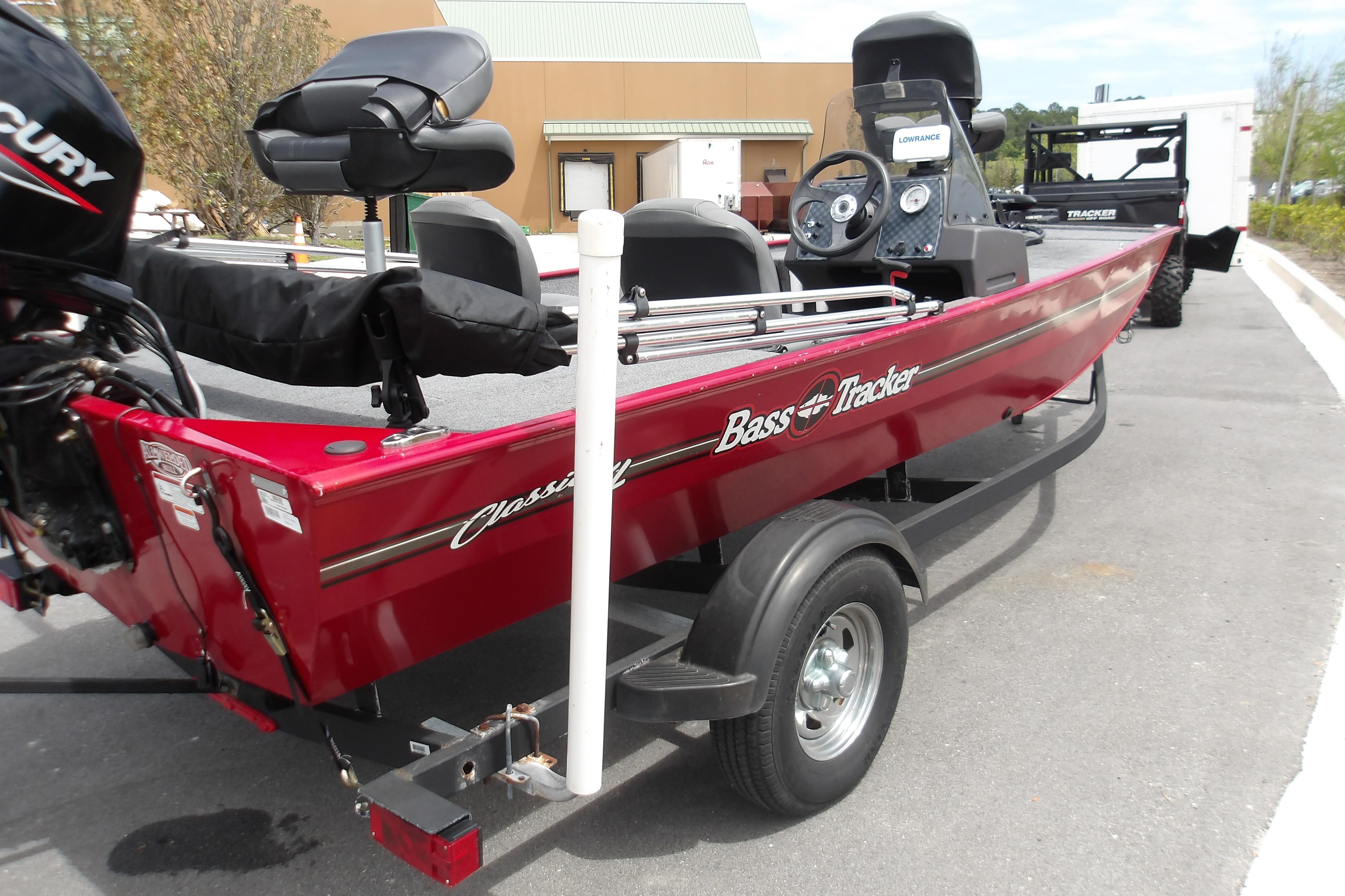 2024 Tracker Bass Tracker Classic XL boat on trailer, red exterior, parked outdoors.