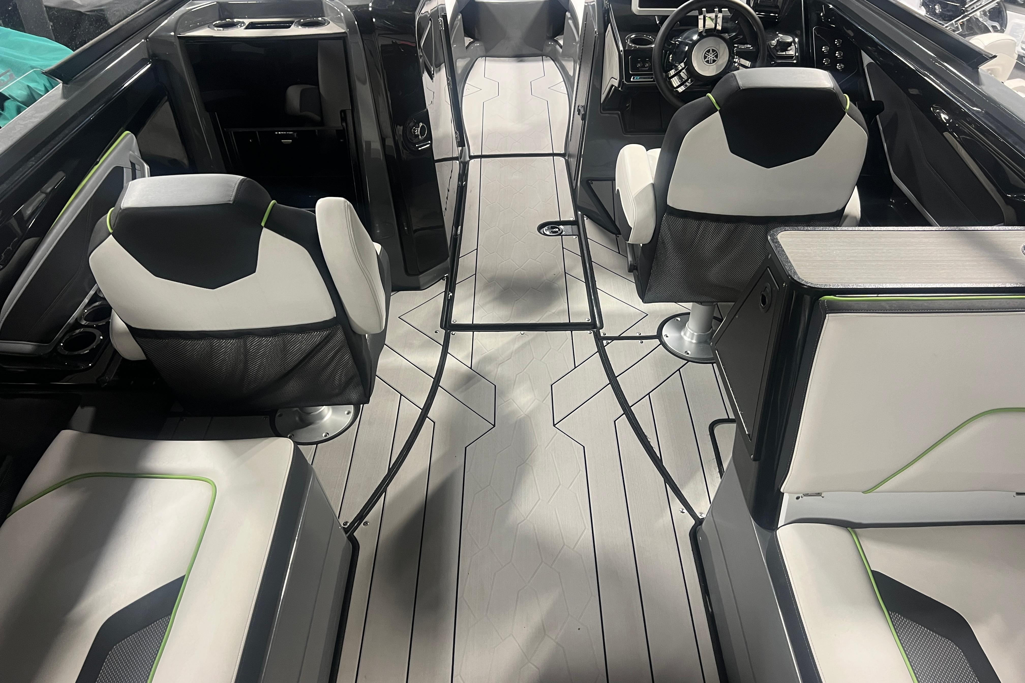 Interior of a 2021 Yamaha Boats 255XD, featuring sleek seating and modern design.