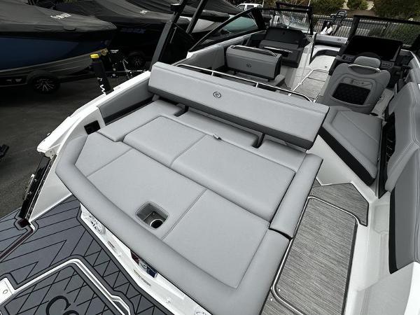 2025 Cobalt R4 boat interior with sleek gray seating and modern design.