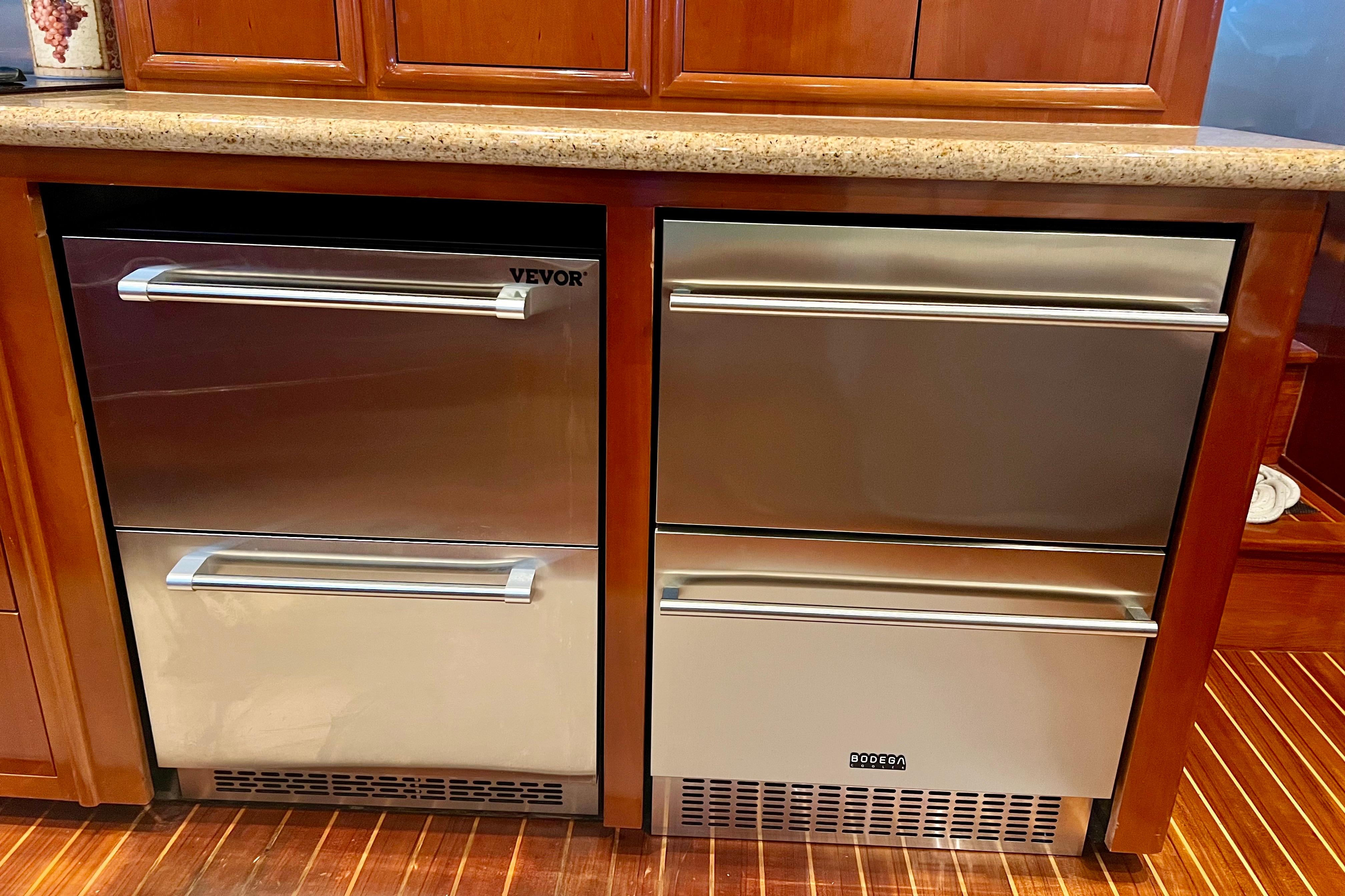 Stainless steel drawers in a 2005 Carver 56 Voyager yacht kitchen.
