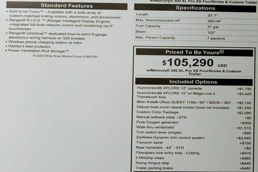 Ranger 620xFS Pro 2026 boat features, specifications, and pricing details with optional upgrades.