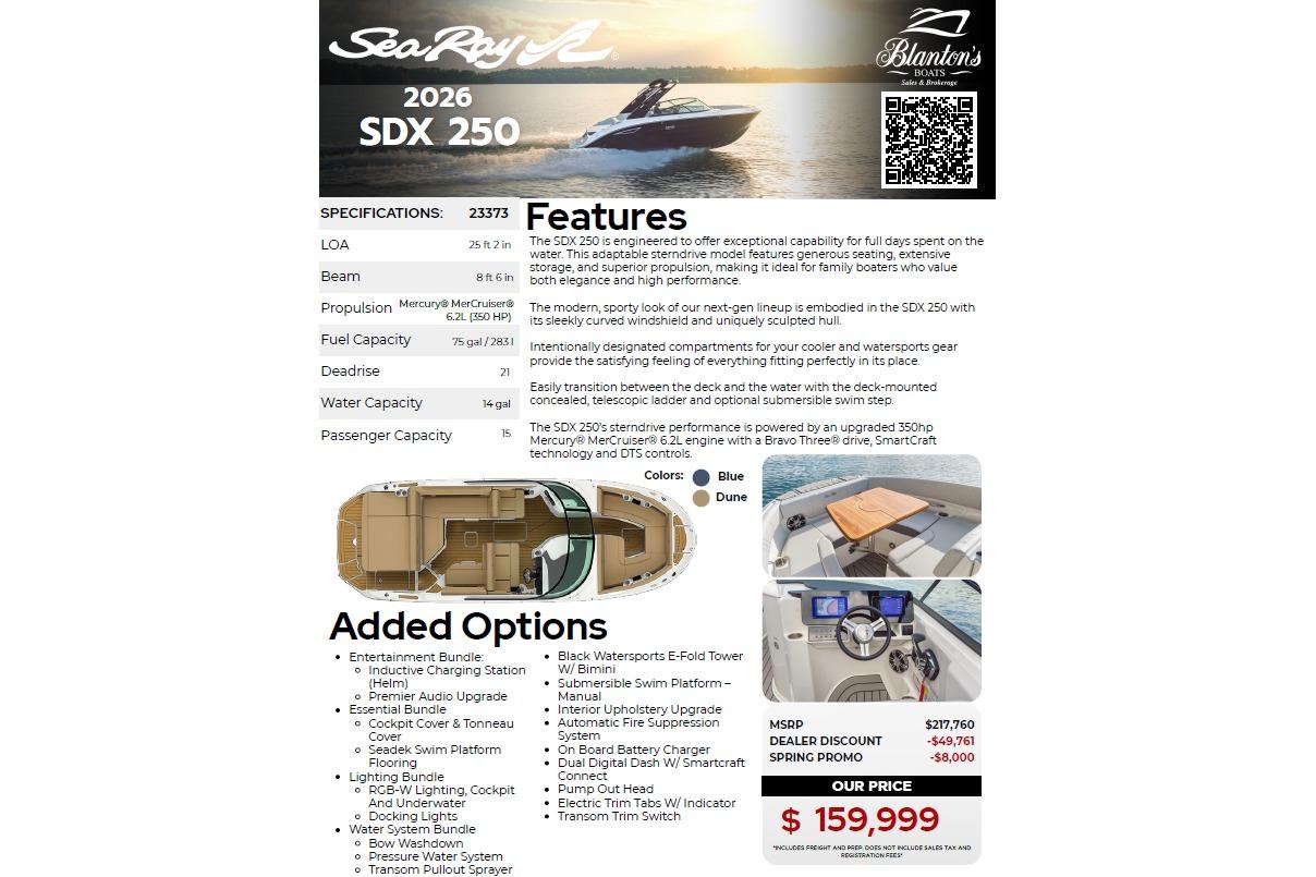 2026 Sea Ray SDX 250 boat advertisement with features, specifications, and pricing details.