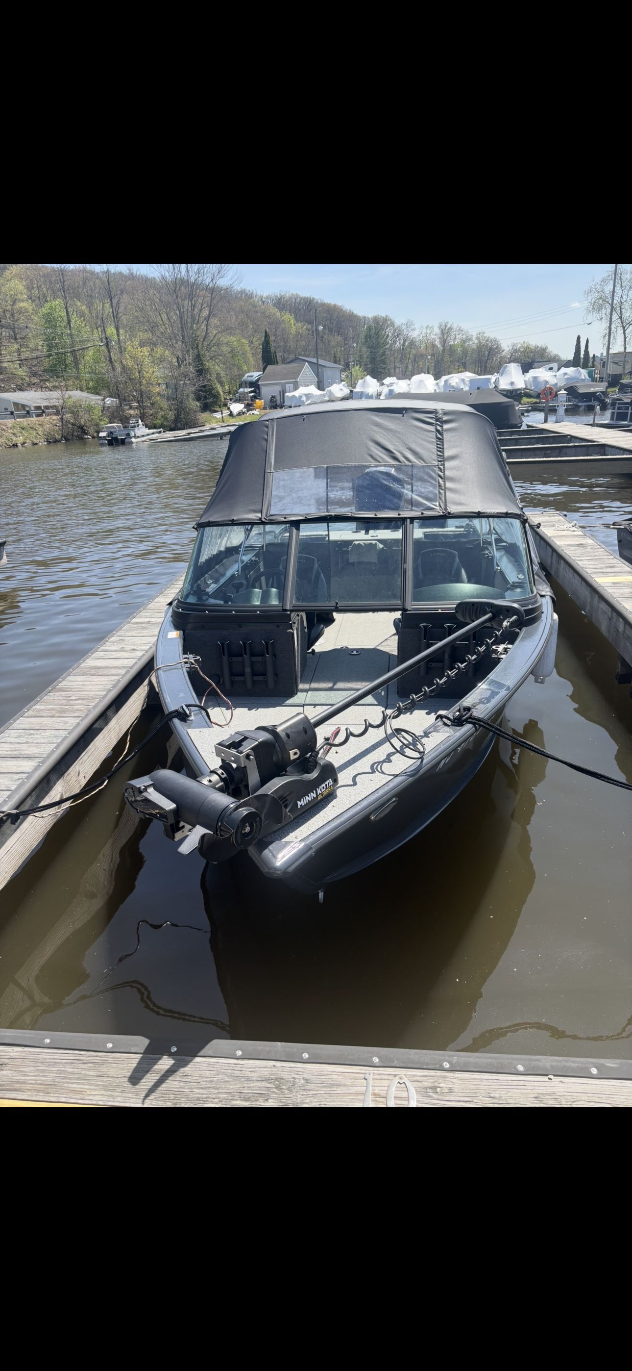 Lund Fisherman 2075 from 2025 docked in a calm harbor.