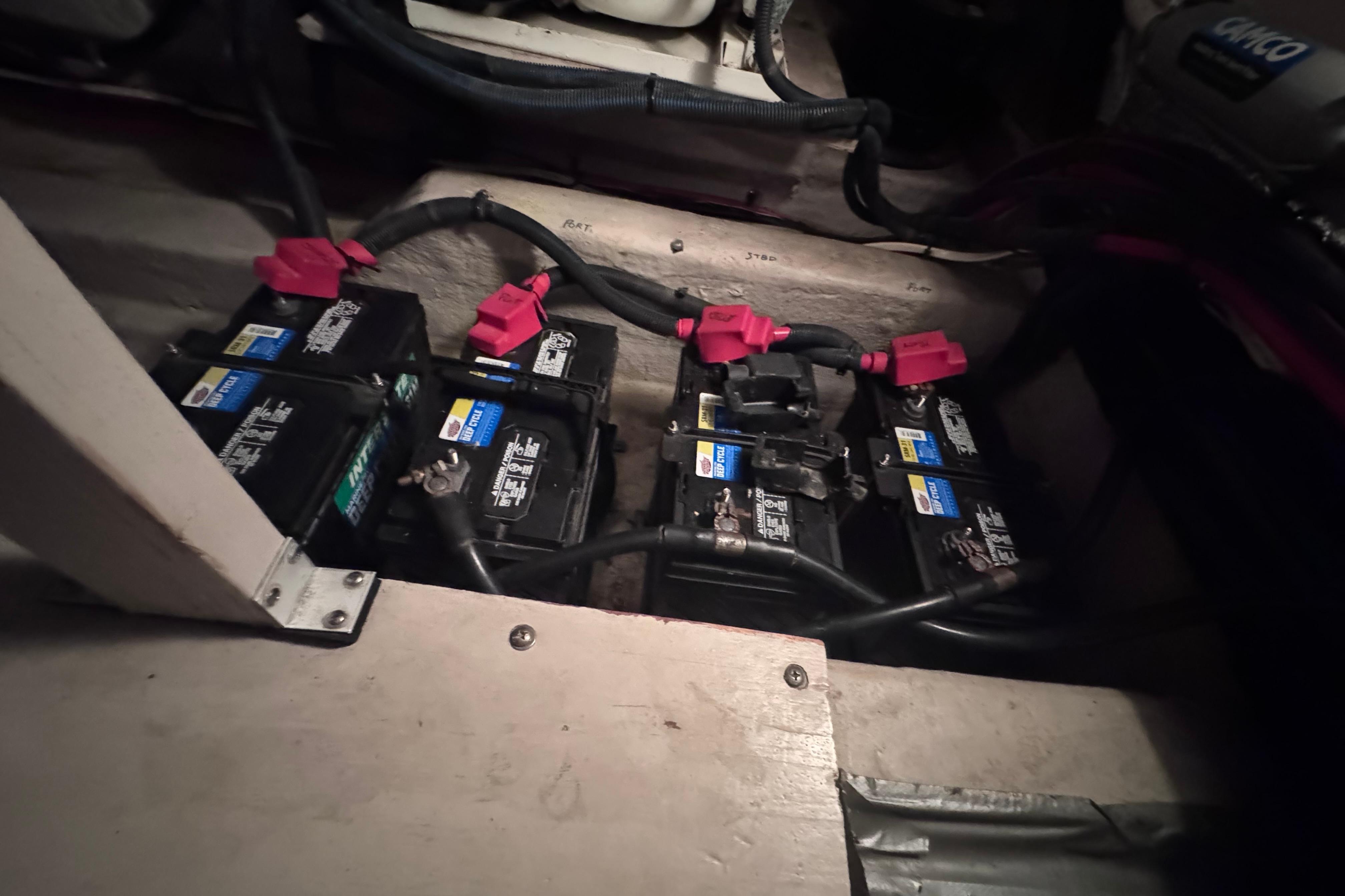 Batteries in the engine compartment of a 2004 Sea Ray 390 Motor Yacht.