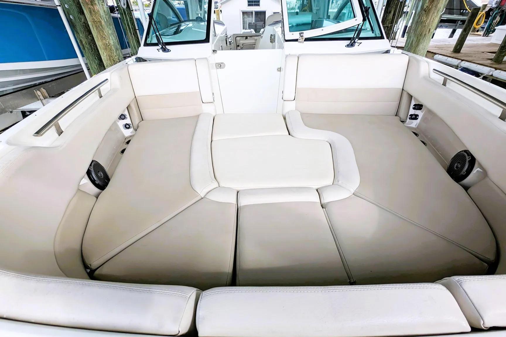 2017 Boston Whaler 320 Vantage boat interior with spacious seating and modern design.