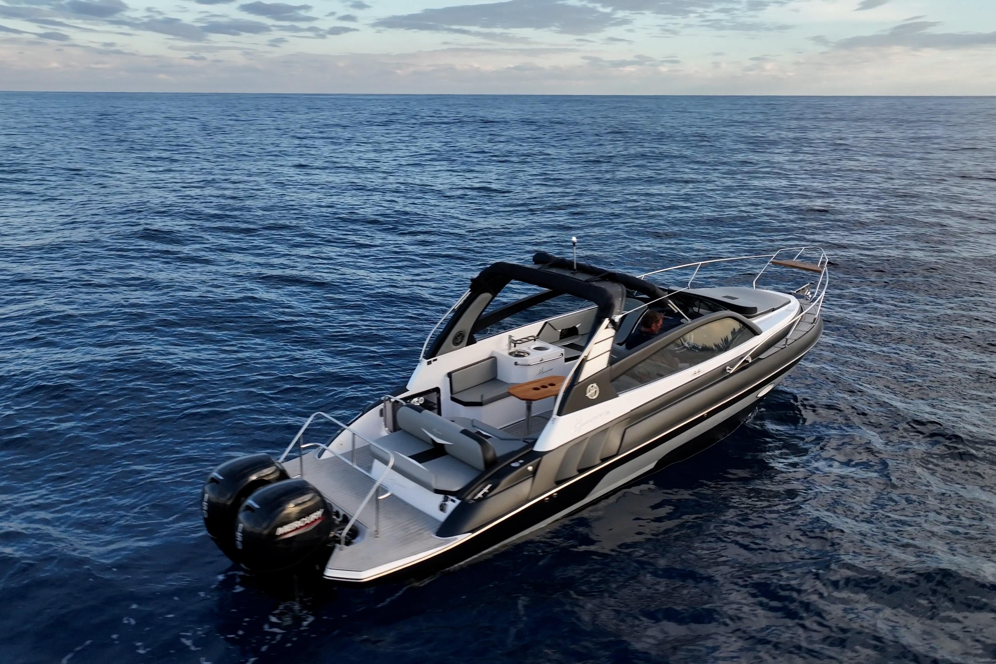 Luxury Hanover 305 yacht cruising on open sea, 2027 model.