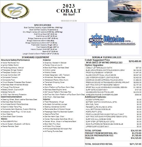 2023 Cobalt R6 Surf boat specifications and pricing overview.