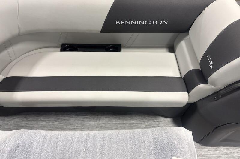 2026 Bennington 22 SSRSF boat interior seating with gray and white upholstery.