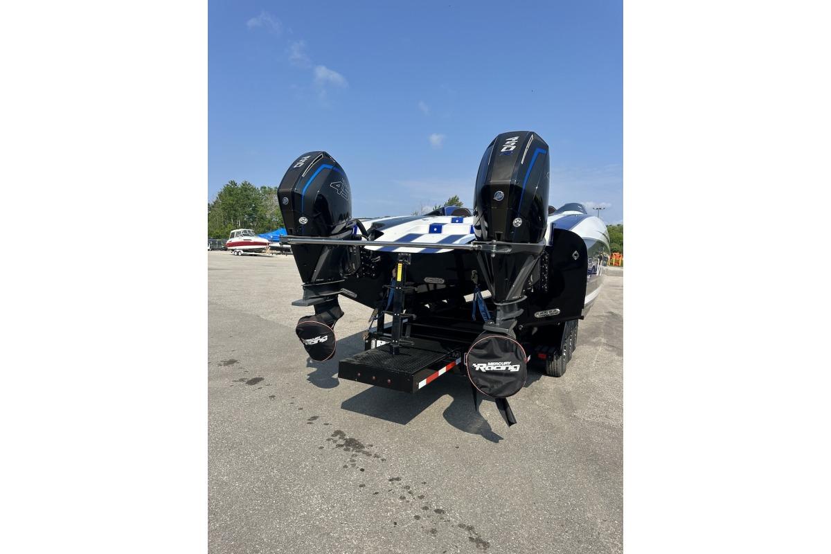 2018 Wright Performance 420 boat with dual outboard motors on a trailer.