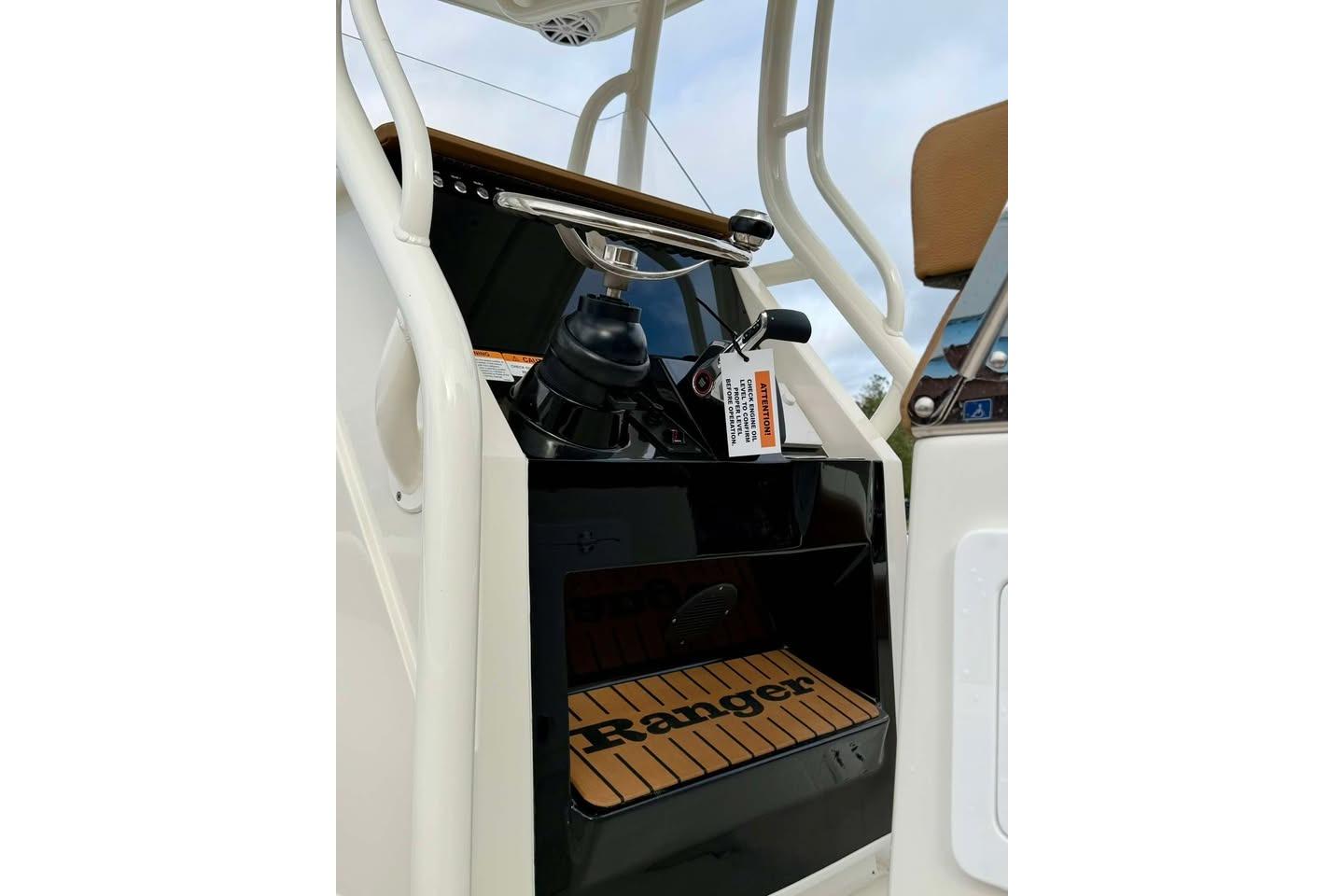 2026 Ranger 2600 Bay boat console with steering wheel and controls.