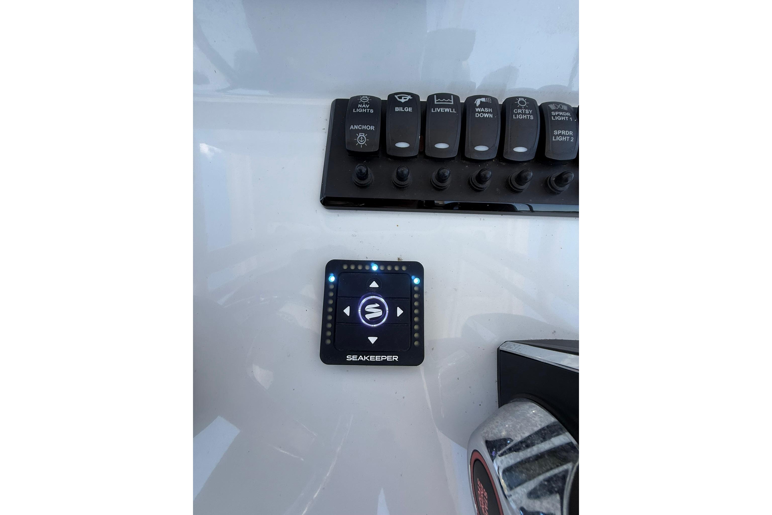 Control panel of 2024 Pair Customs 24 Center Console MV with Seakeeper system.