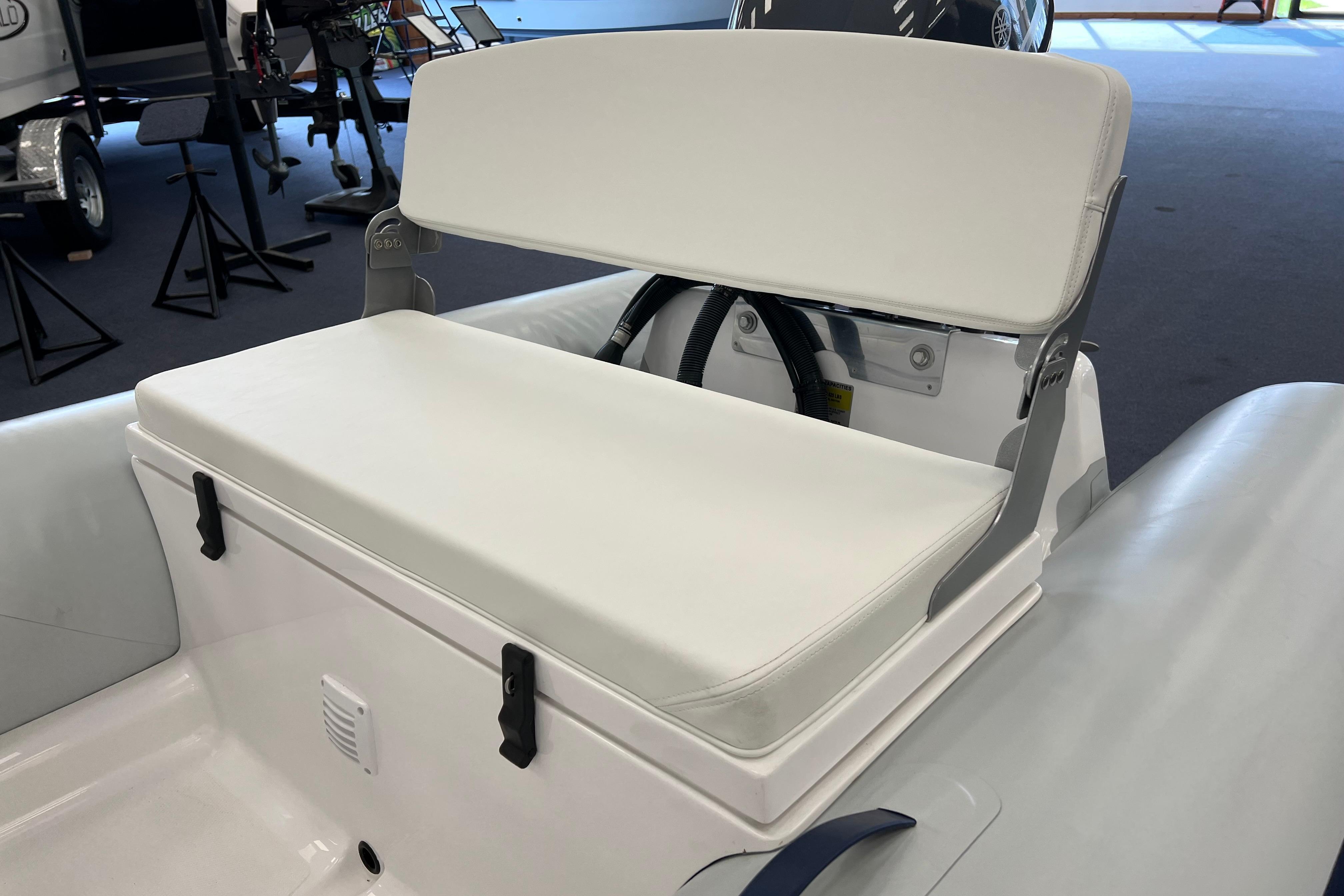 2023 AB Inflatables Mares 12 VSX boat seat, white upholstery, showroom display.