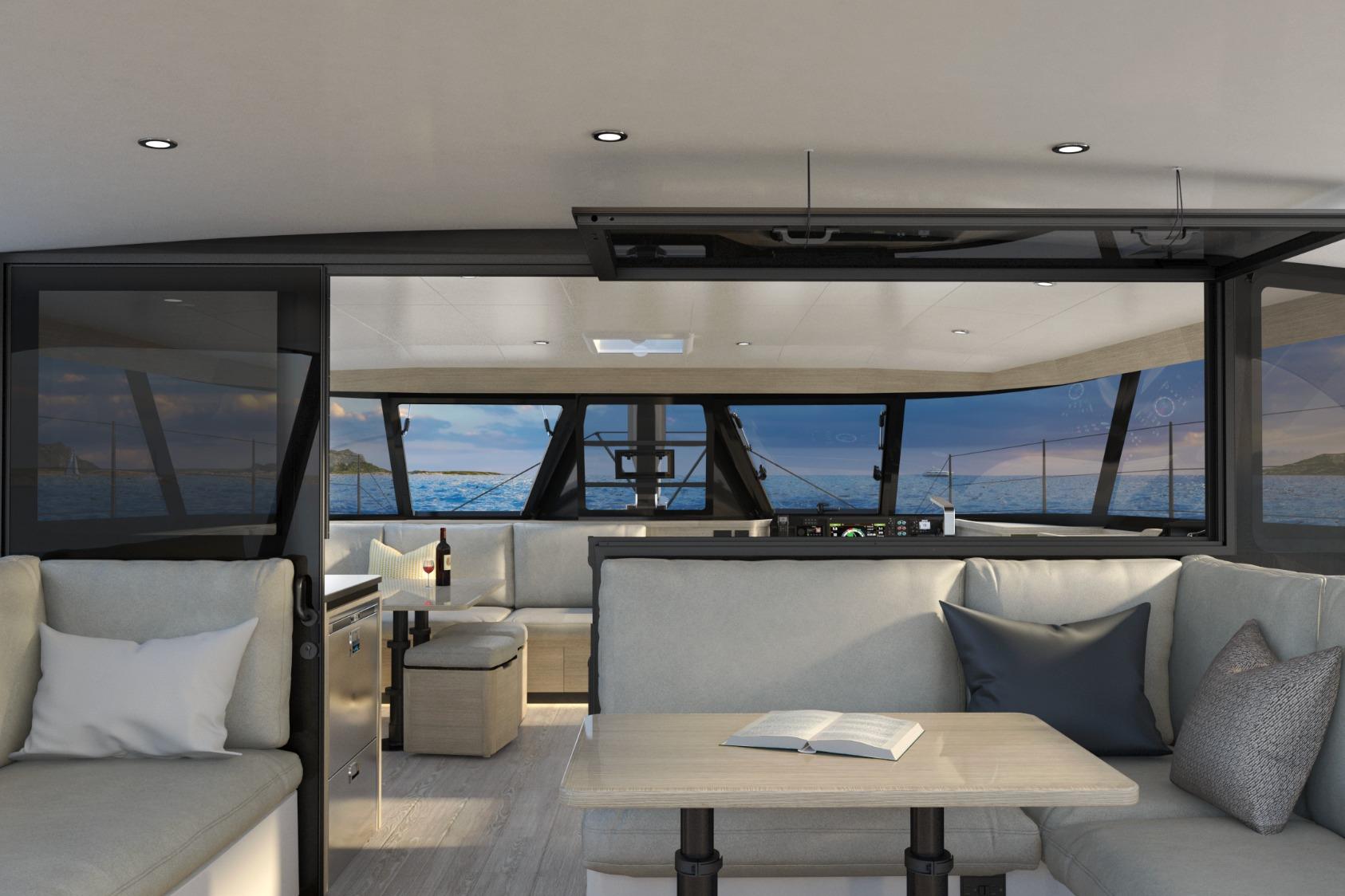 Luxurious interior of 2026 HH Catamarans HH52 with ocean view and modern furnishings.