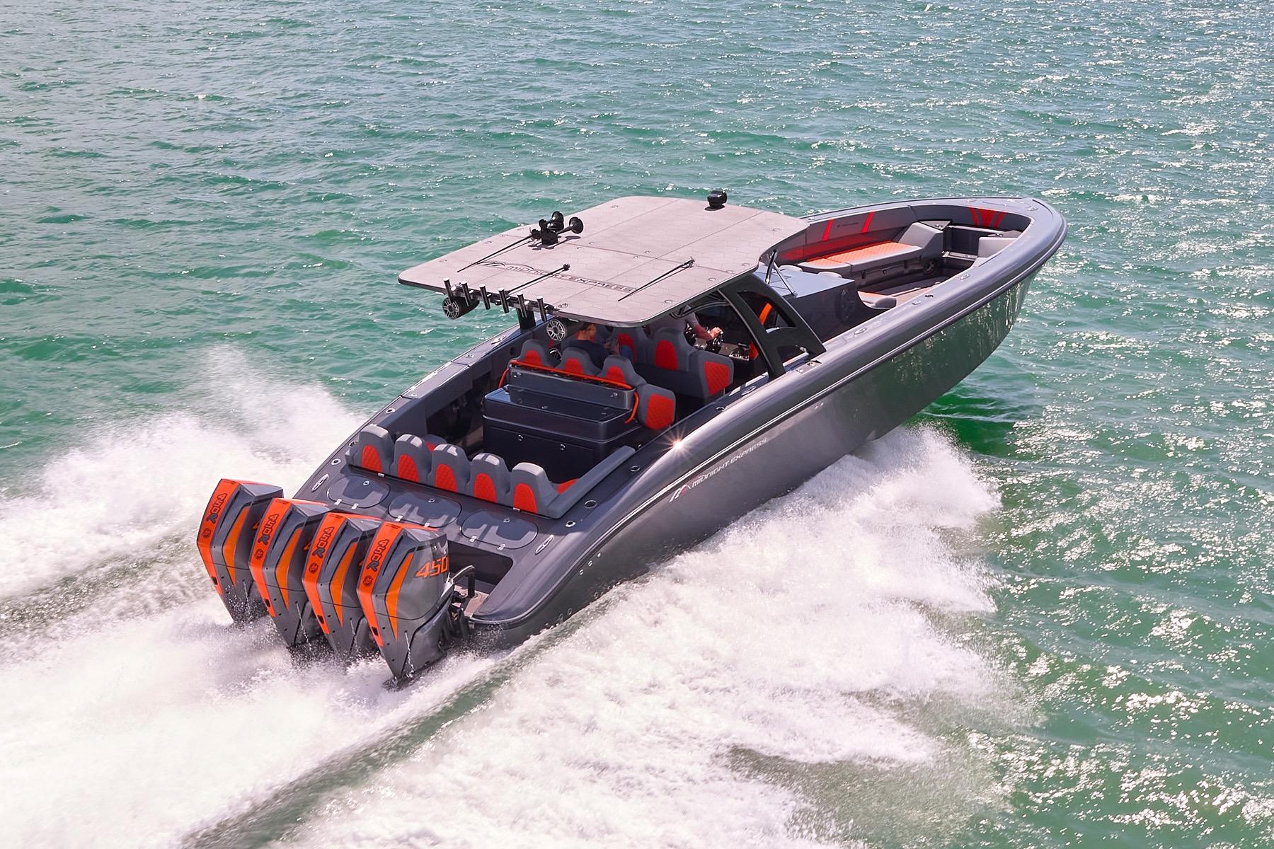 2022 Midnight Express 43 Open boat cruising on water with powerful engines.