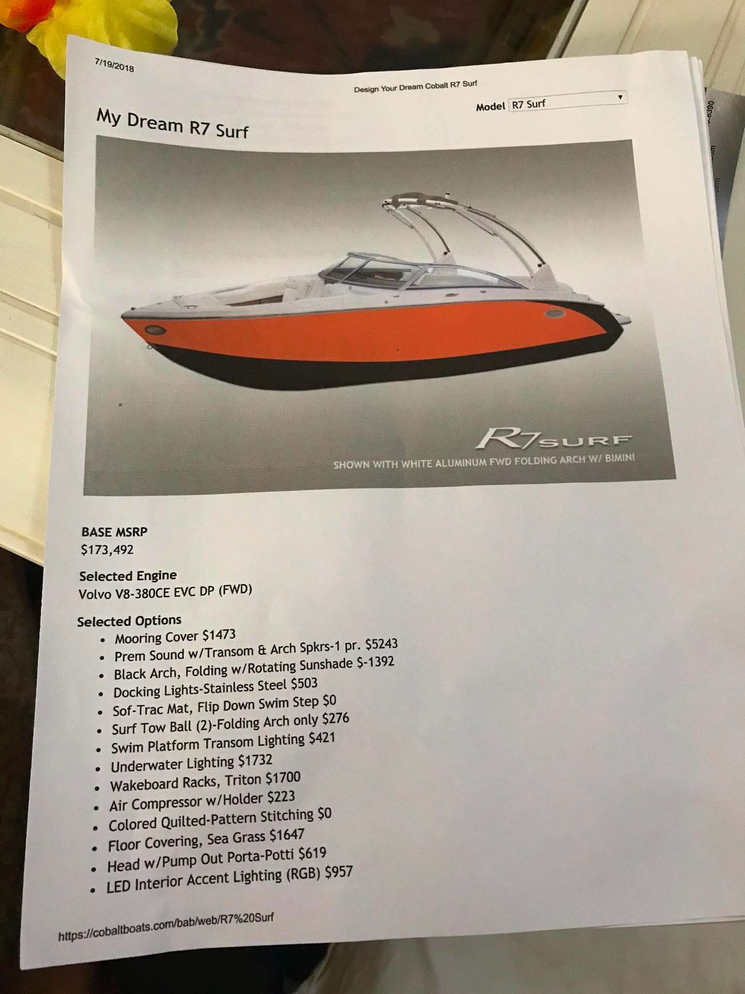 A sales brochure for a 2019 Cobalt R7 Surf boat with pricing and feature details.