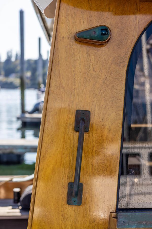 Wooden door of a 2009 Custom Downeast Lobster boat.