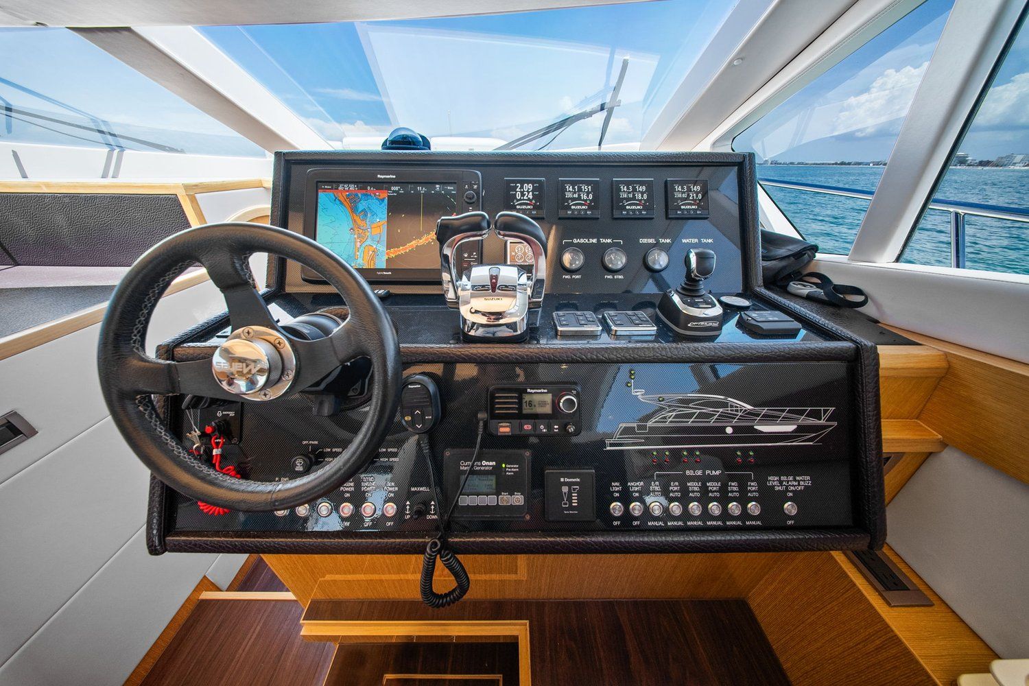 Helm of a modern yacht with navigation system and controls.