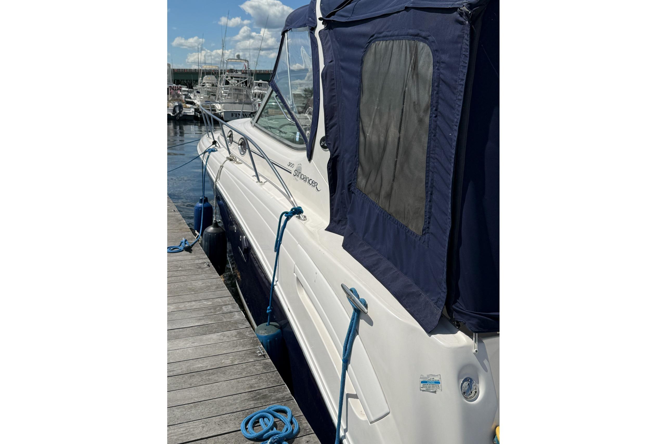 2006 Sea Ray 300 Sundancer docked, featuring blue canopy and sleek white hull.