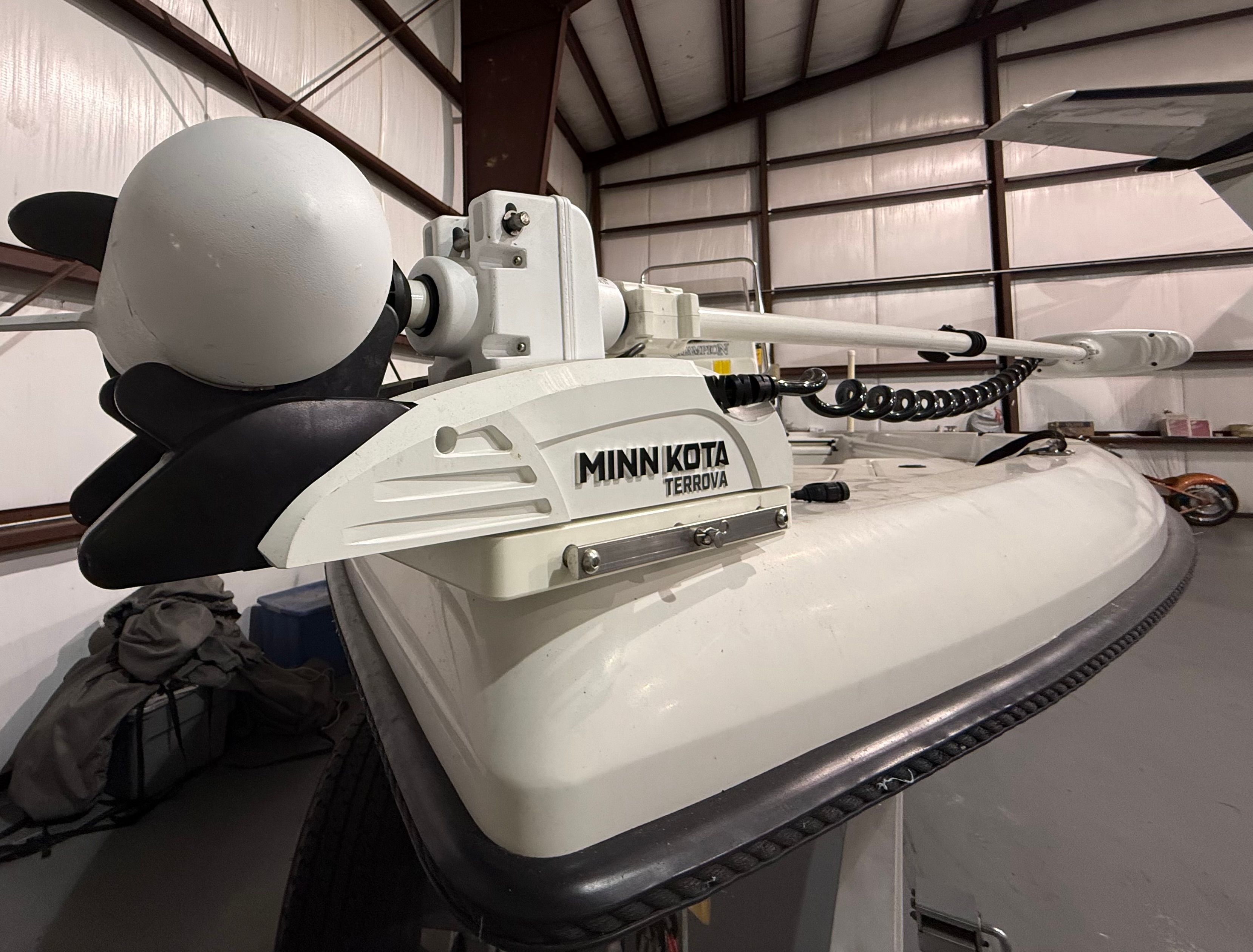Close-up of a Minn Kota Terrova trolling motor on a boat.