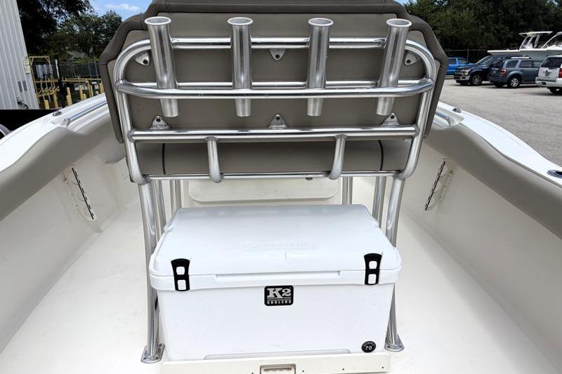 2024 Key West 239 FS boat with rod holders and K2 cooler on deck.