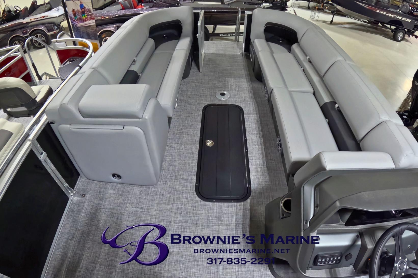 2026 Sun Tracker Party Barge 24 XP3 interior with gray seating and modern design.