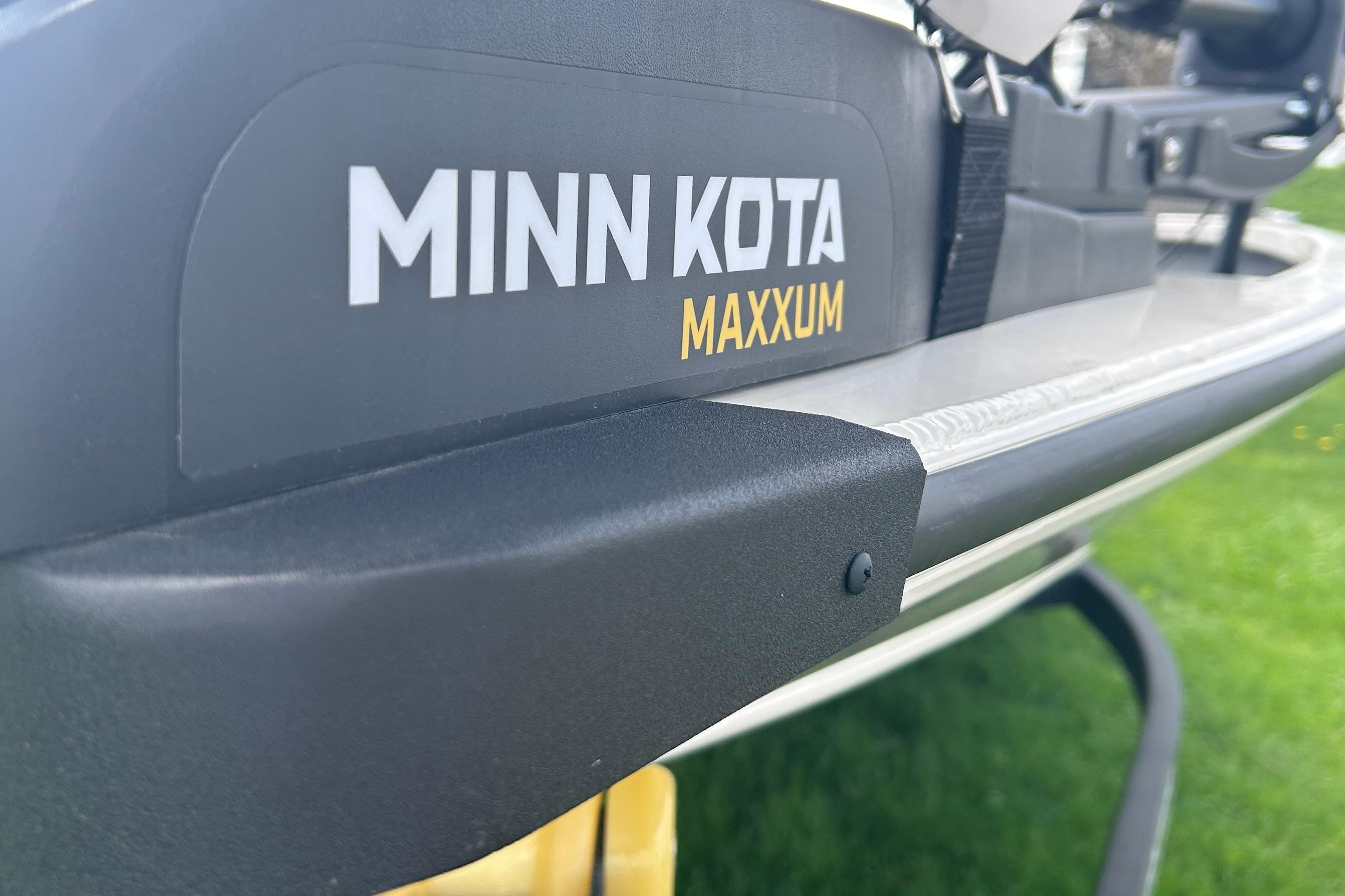 Minn Kota Maxxum motor on 2025 Tracker Savage 215 boat, close-up view.