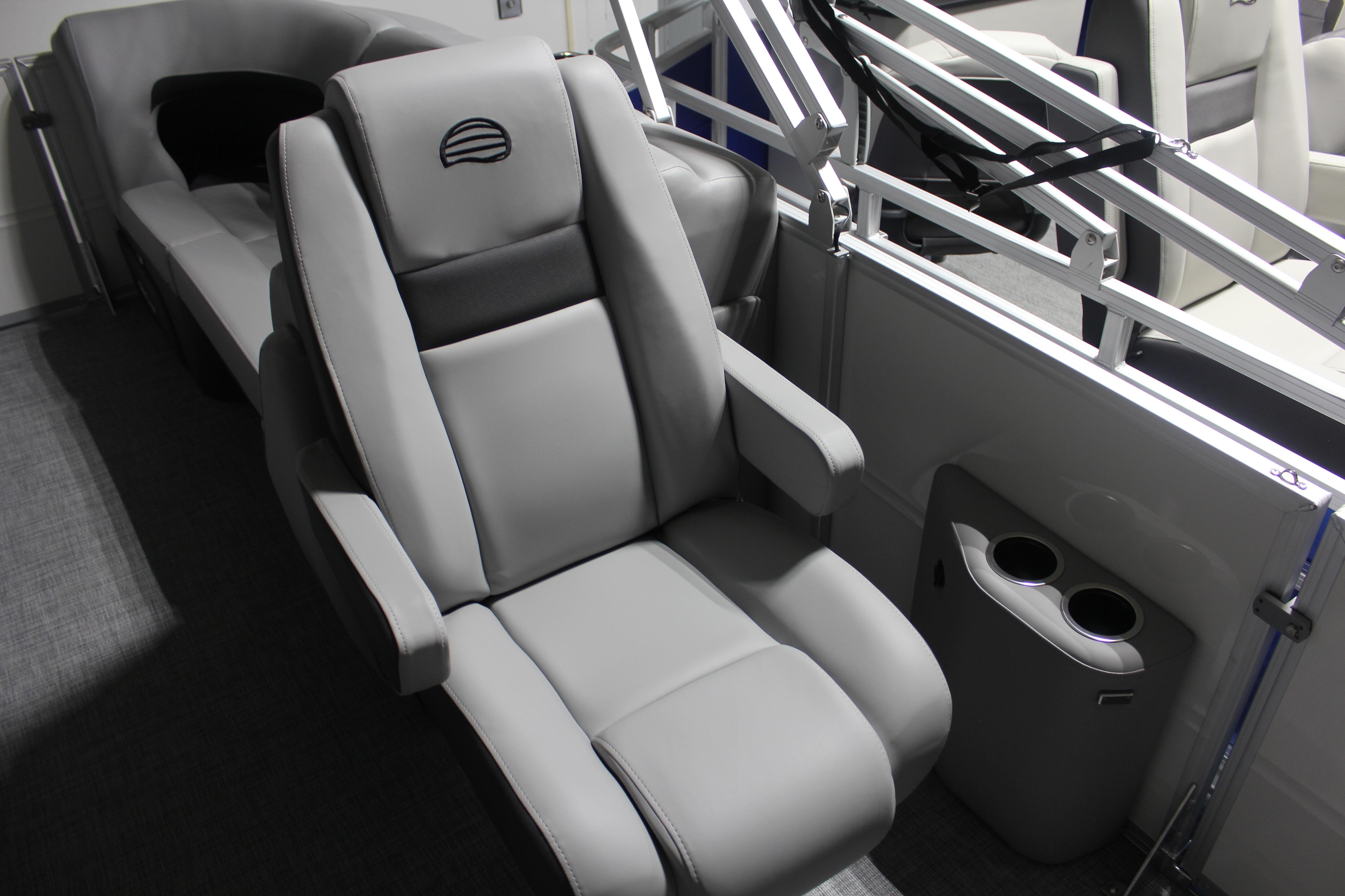 Luxurious seating on 2026 Sun Tracker Party Barge 22 DLX pontoon boat.
