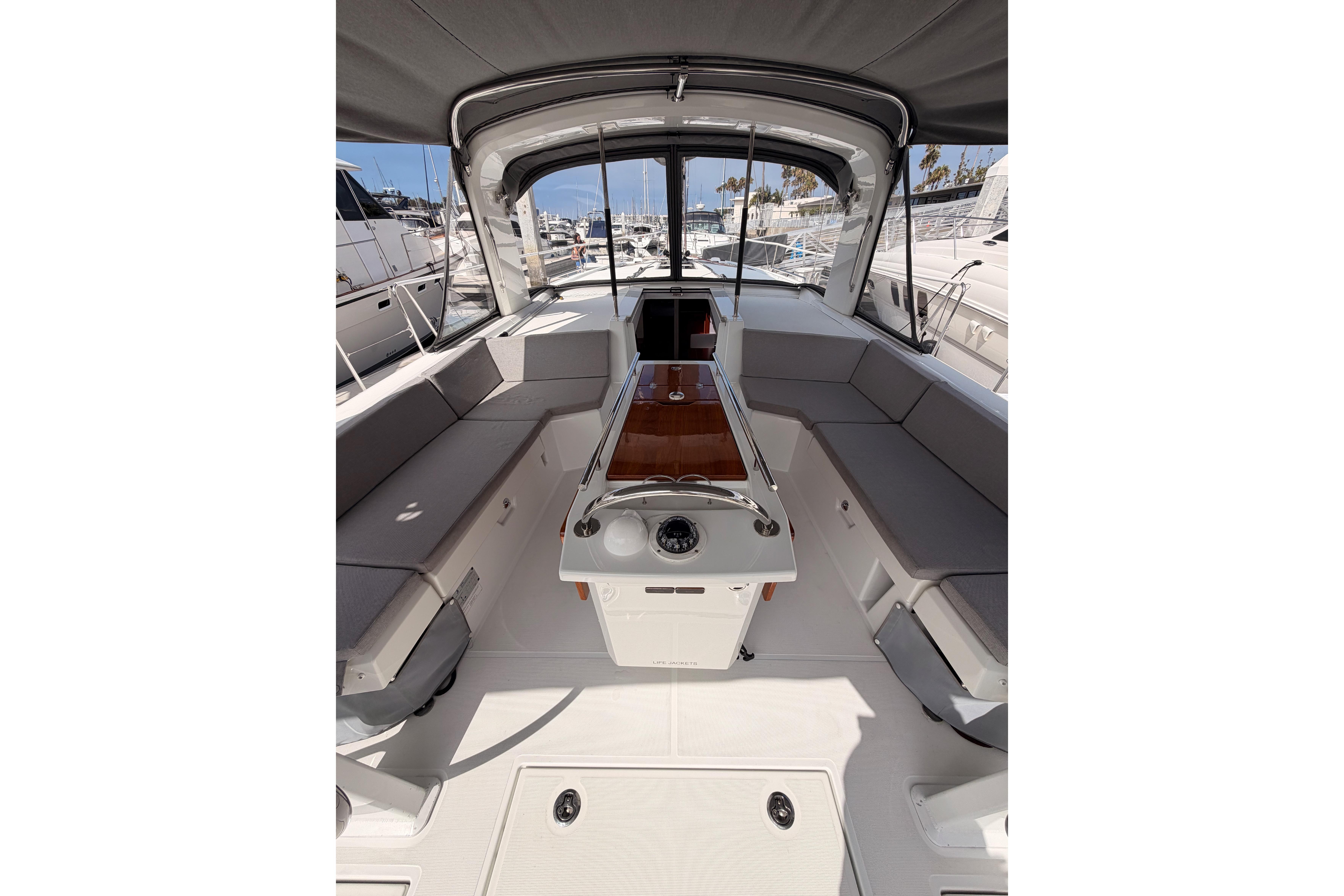 Spacious cockpit of 2020 Beneteau Oceanis 46.1 sailboat with comfortable seating and modern design.