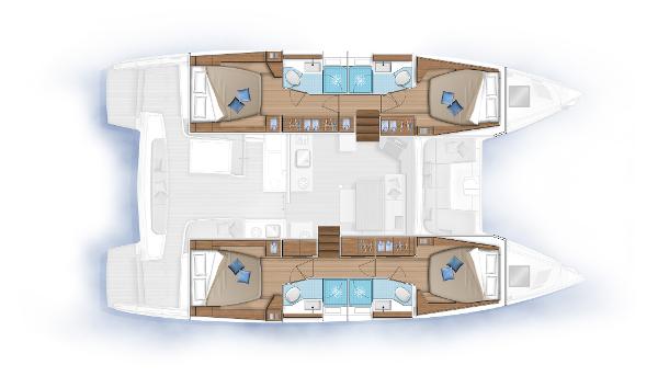 Floor plan of the 2025 Lagoon 46 ICONIC catamaran, showcasing cabin and layout design.