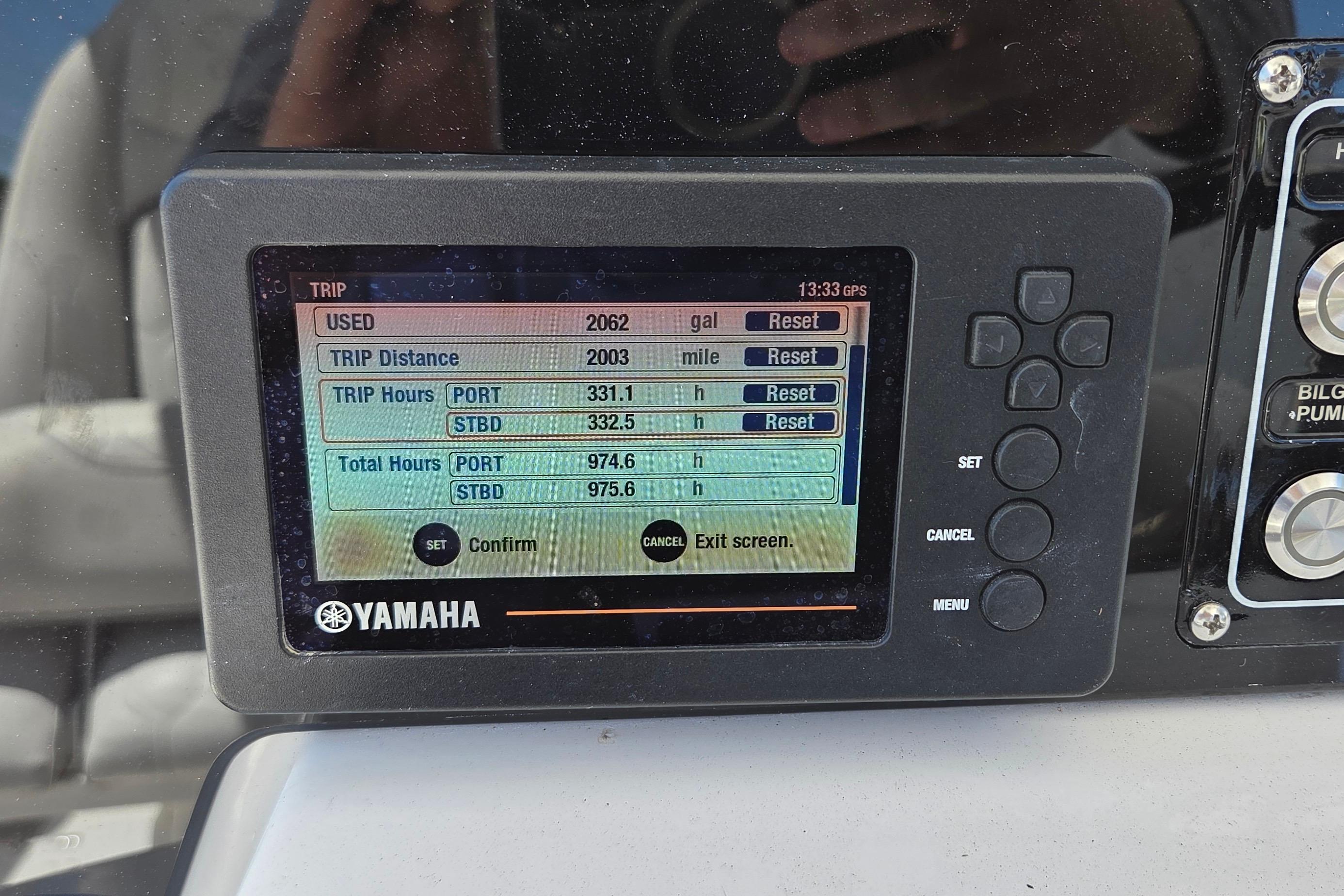 Yamaha display showing trip data on a 2021 Sea Fox 328 Commander boat.